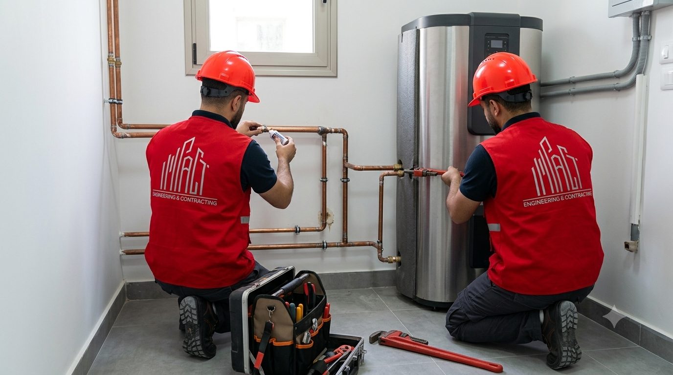 IEC technicians repairing piping and a water heater
